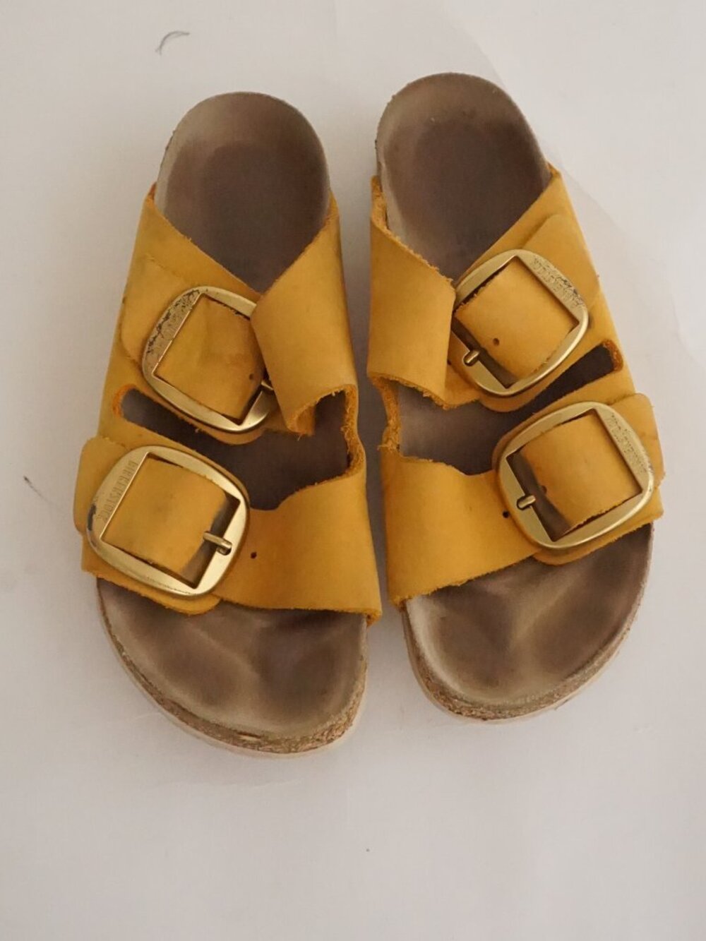 Birkenstock Mustard Yellow Ochre Arizona Big Buckle Double Strap Cork Sandals 41